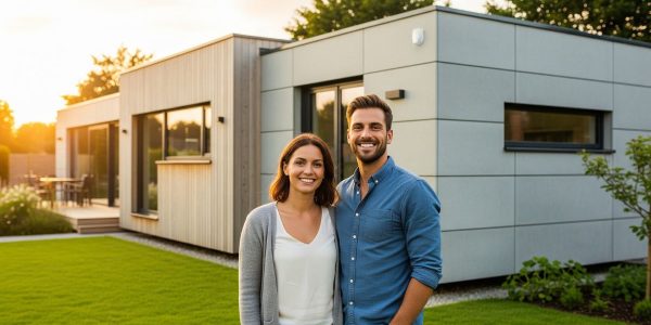 familia con casa perfabricada para vivir